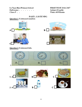 Đề khảo sát Tiếng anh lớp 5 - Năm 2016-2017 - Trường Tiểu học Lê Ngọc Hân